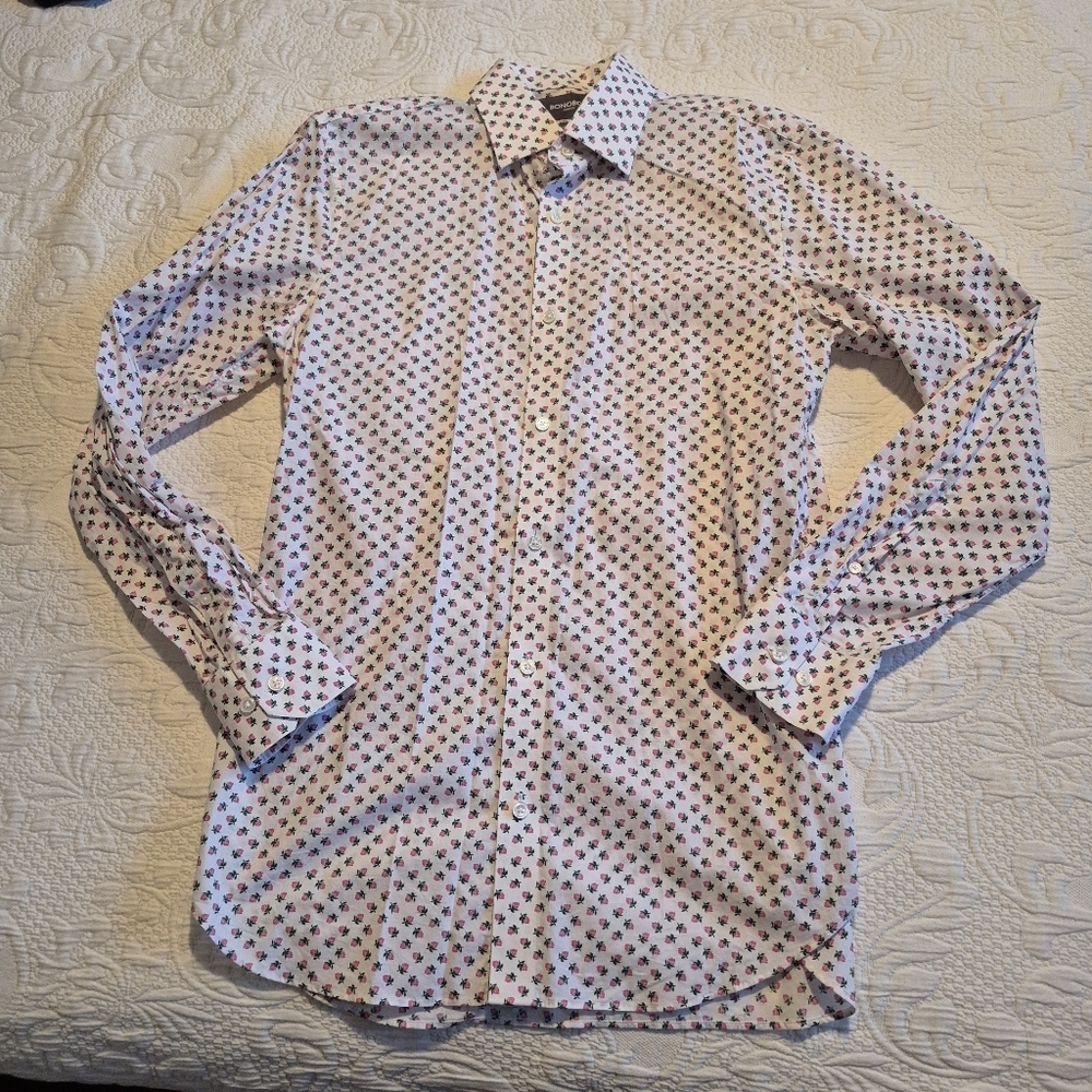 Bonobos 16/35 Stretch Tailored Slim Fit shirt with small pink rose floral print